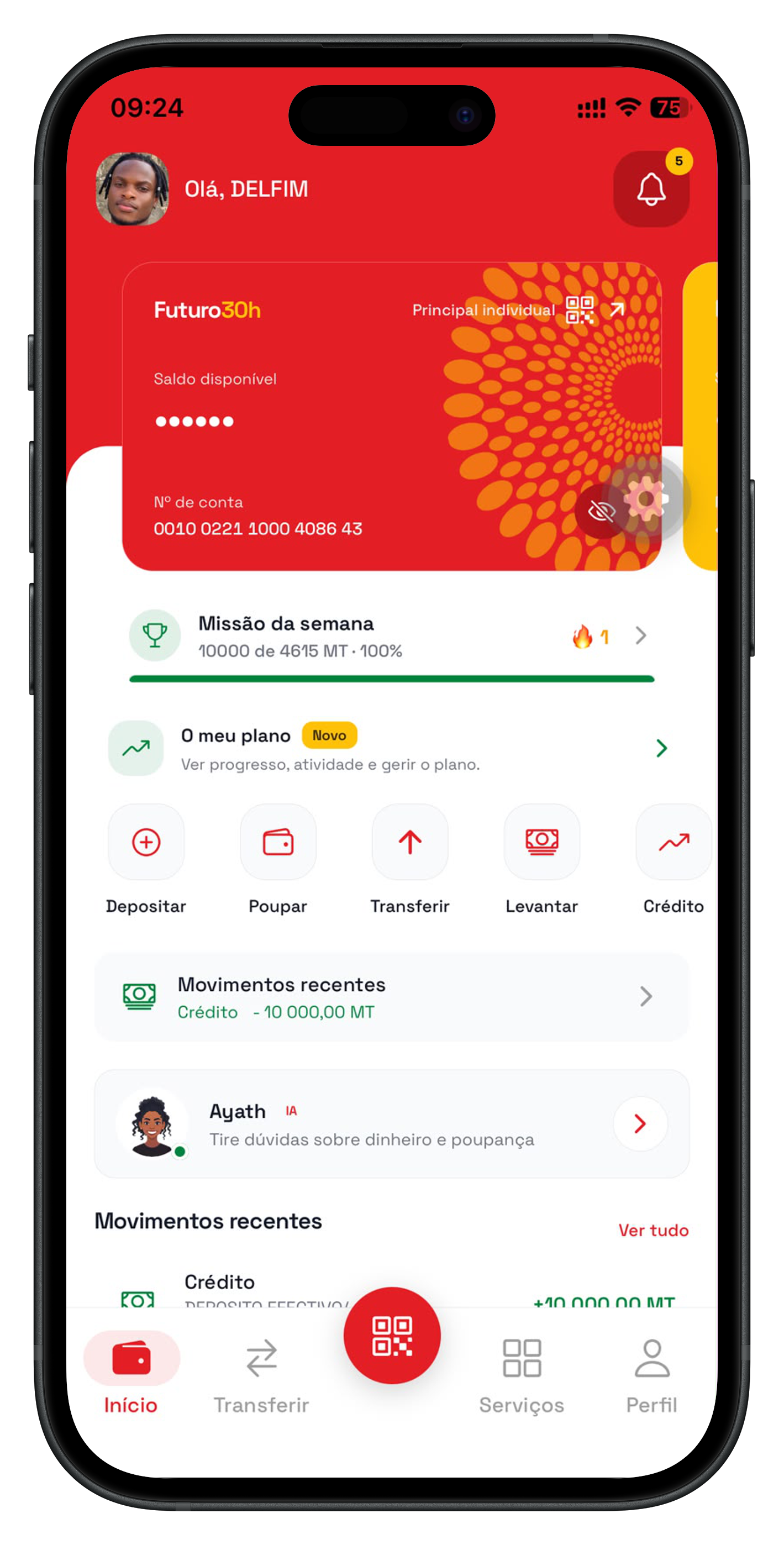 Ecrã inicial da Futuro30h com saldo, missão de poupança, plano e movimentos da conta.